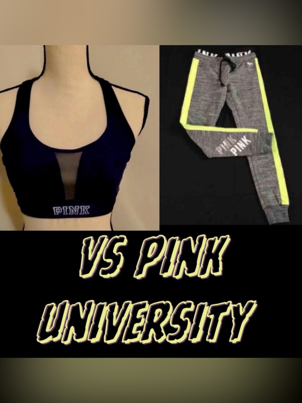 2pc VS PINK Set UNIVERSITY CAMPUS Sports Bra Joggers Neon Snow Heathered
